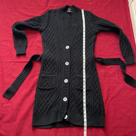Banana Republic Sz M Belted Black Chunky Knit  Button Down Long Cardigan - Picture 14 of 16